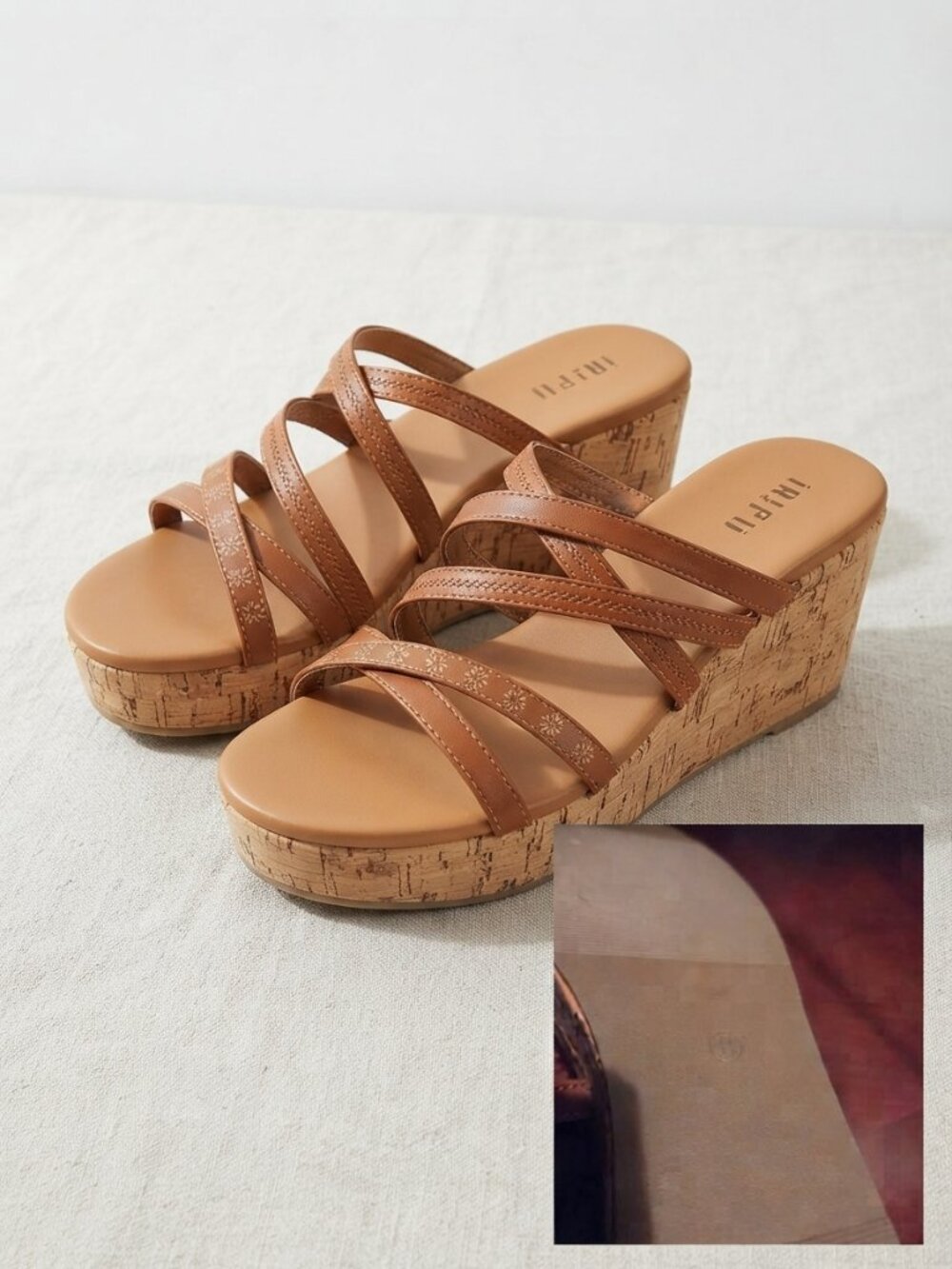 Idifu Women's Brown Strappy Cork Wedge Sandals Platform Slides Size 11